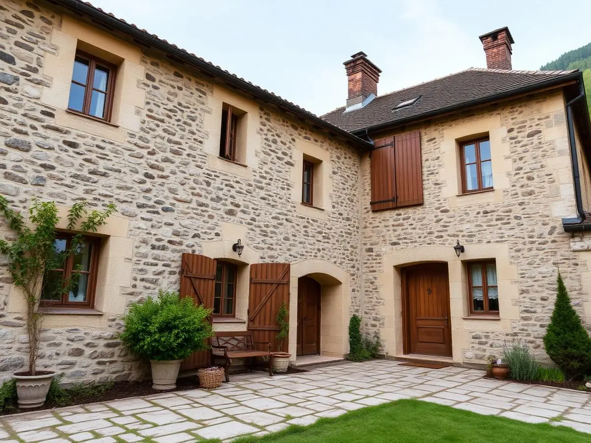 Bâtisse ancienne en pierre à étage : moellons rejointoyés, encadrements et chaînes d’angle en pierre de taille claire, volets en bois.