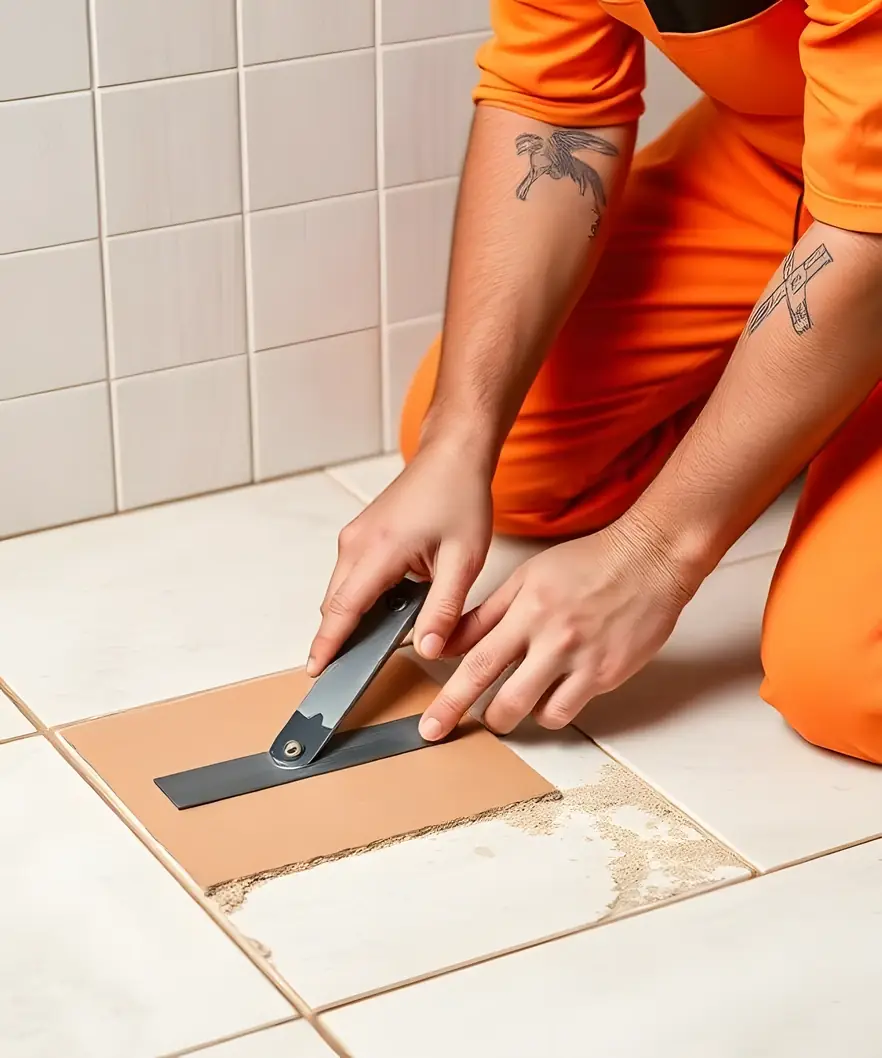 Carreleur à genoux sur un sol de carreaux crème, qui racle la colle à la spatule autour d’un carreau à poser.