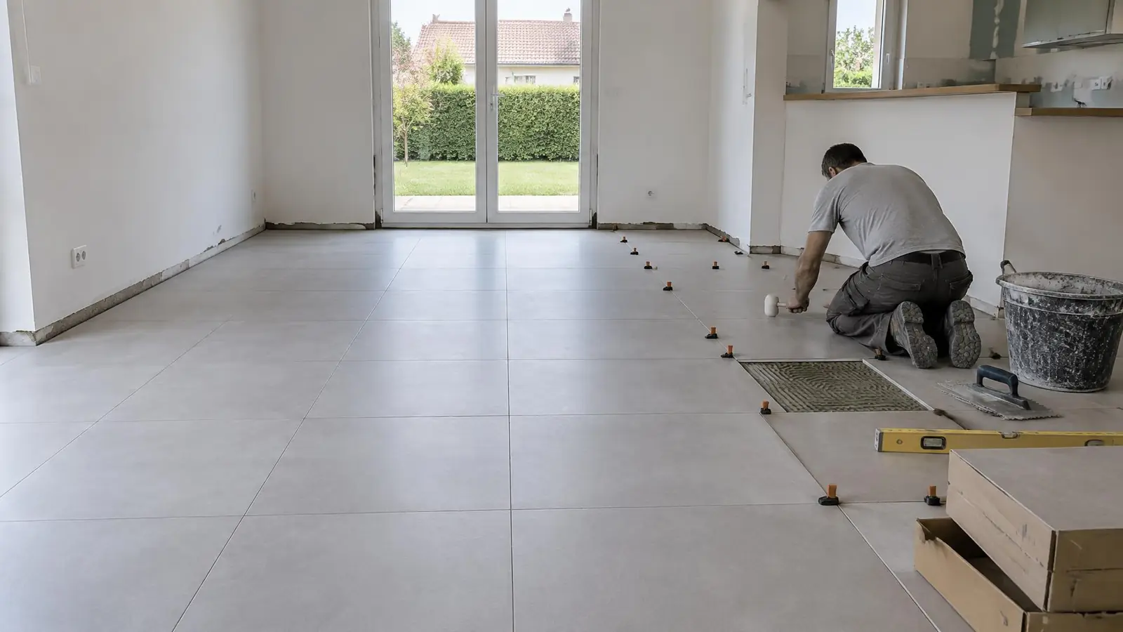Carreleur à genoux qui pose de grands carreaux gris clair dans une pièce vidée, croisillons et cales de nivellement.