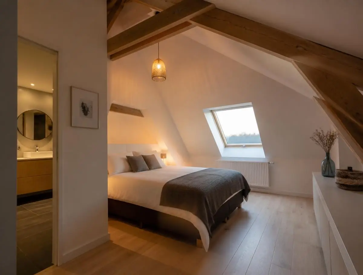 Chambre sous les combles : rampants blancs, poutres claires apparentes, fenêtre de toit au-dessus d’un radiateur.