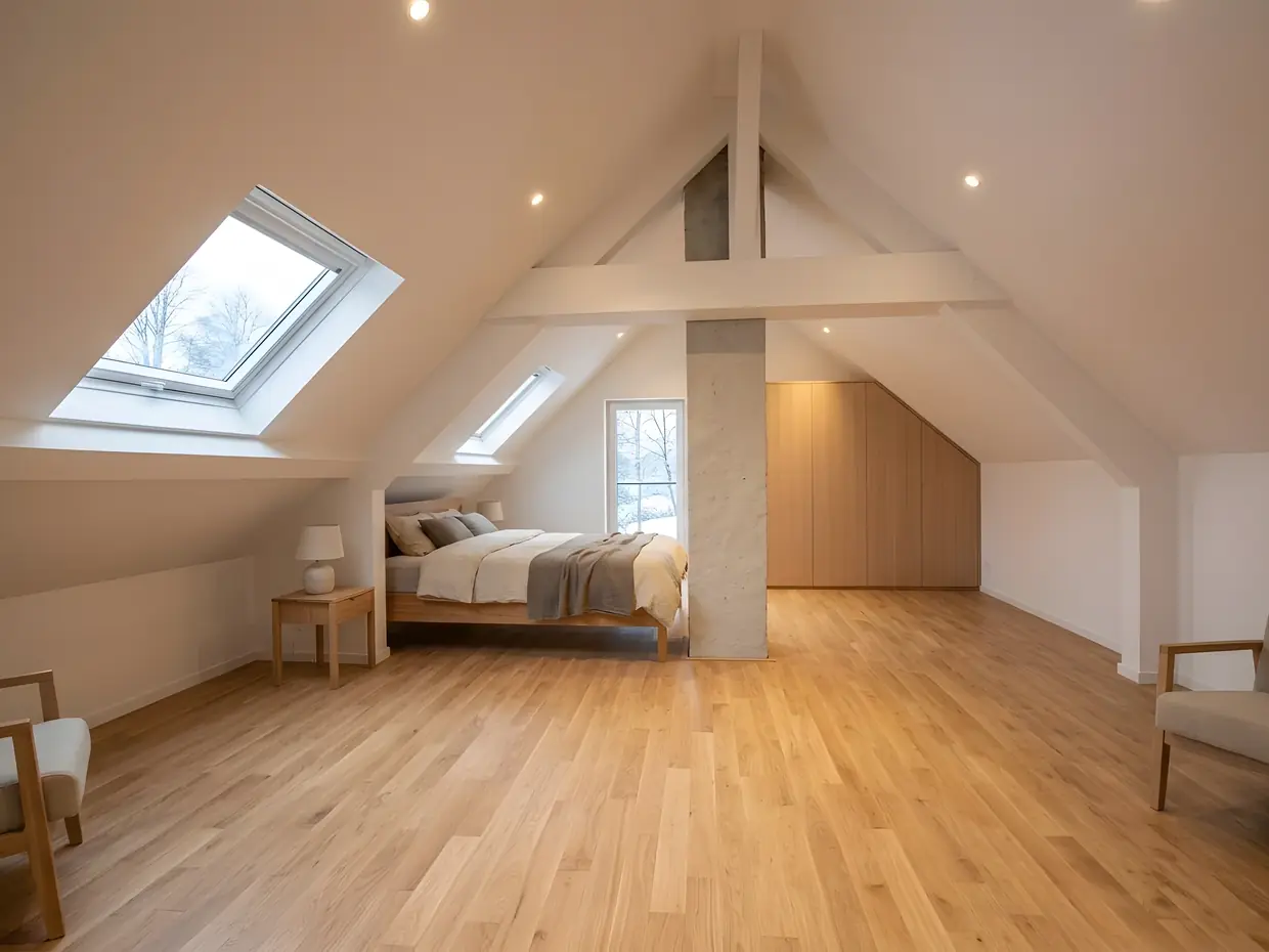 Les mêmes combles devenus chambre : rampants isolés et plaqués en blanc, parquet clair, fenêtres de toit neuves, même pilier.