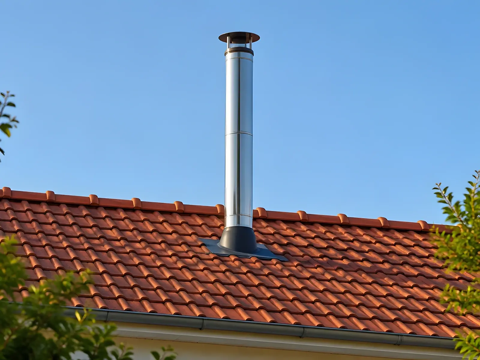 Conduit de fumée inox à double paroi qui sort droit d’un toit en tuiles, avec sa collerette et son chapeau.