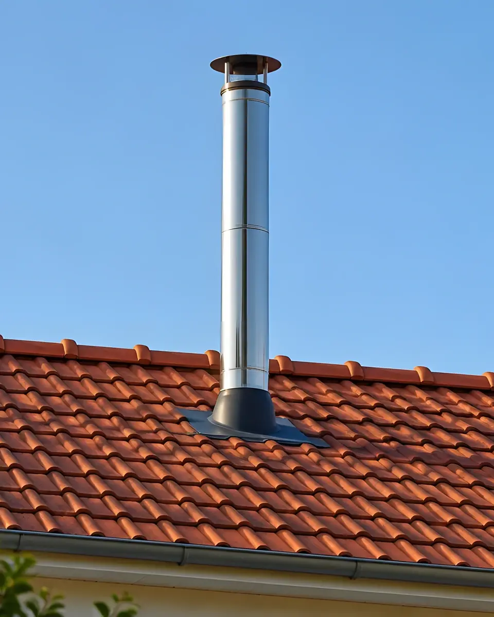 Conduit de fumée inox à double paroi qui sort droit d’un toit en tuiles, avec sa collerette et son chapeau.