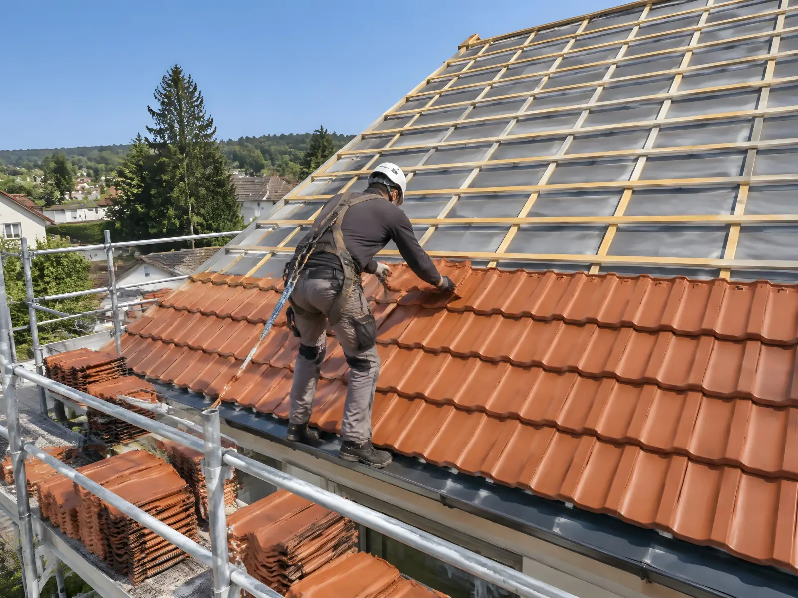 Couvreur harnaché qui pose des tuiles neuves rang par rang sur les liteaux, piles de tuiles sur l’échafaudage.