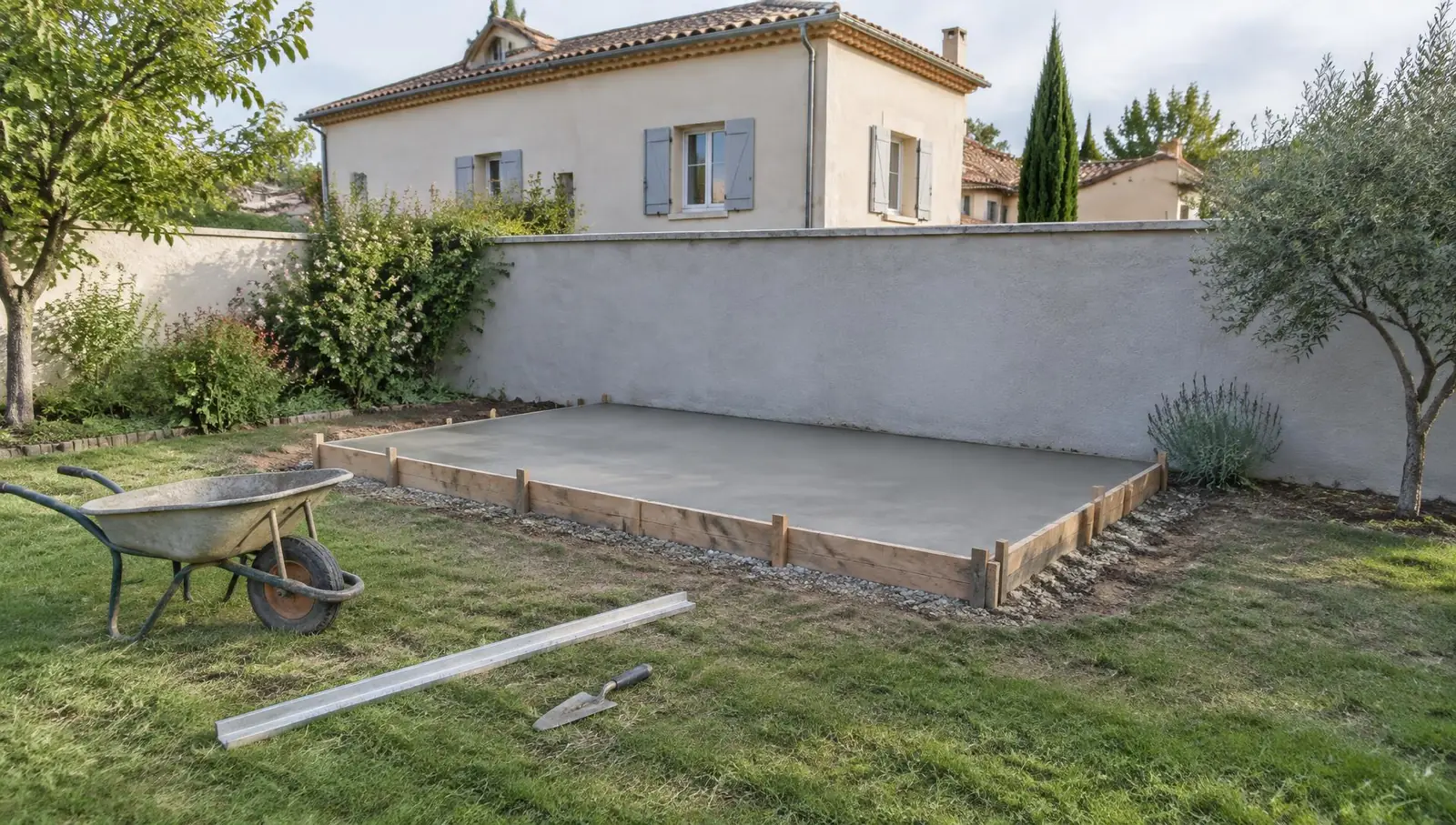 Dalle en béton fraîchement coulée au fond d’un jardin, dans son coffrage en planches, devant un muret enduit ; brouette et règle.