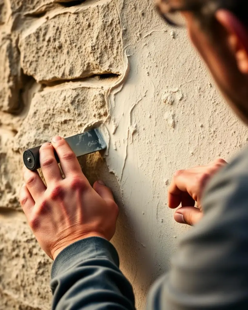 Mains d’un artisan qui serrent un enduit clair à la lame contre un mur en moellons de pierre calcaire.