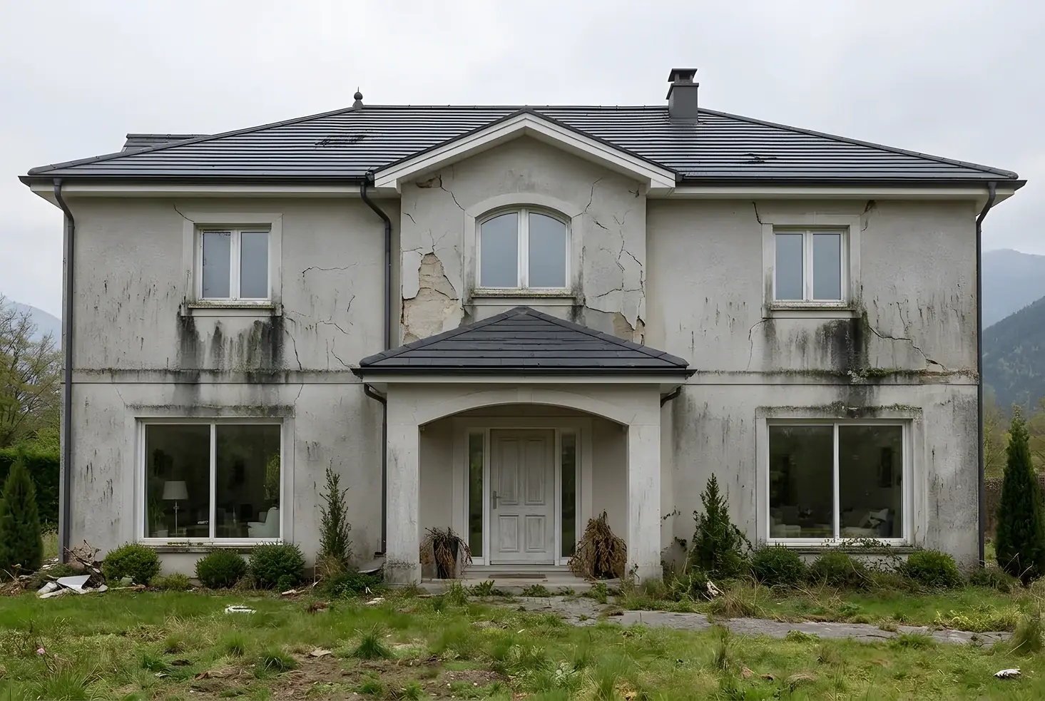 Façade d’une maison à étage : enduit gris parcouru de fissures qui partent des angles des fenêtres, enduit décollé par plaques.