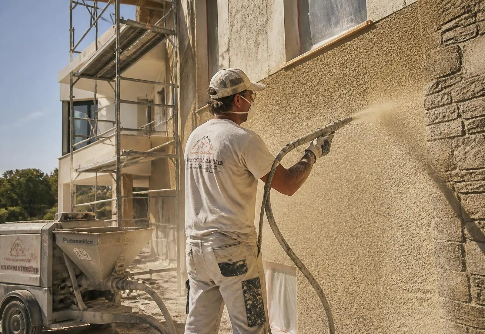 Artisan de dos, casquette et masque, qui projette à la lance un enduit ton sable sur un mur de façade, échafaudage à côté.