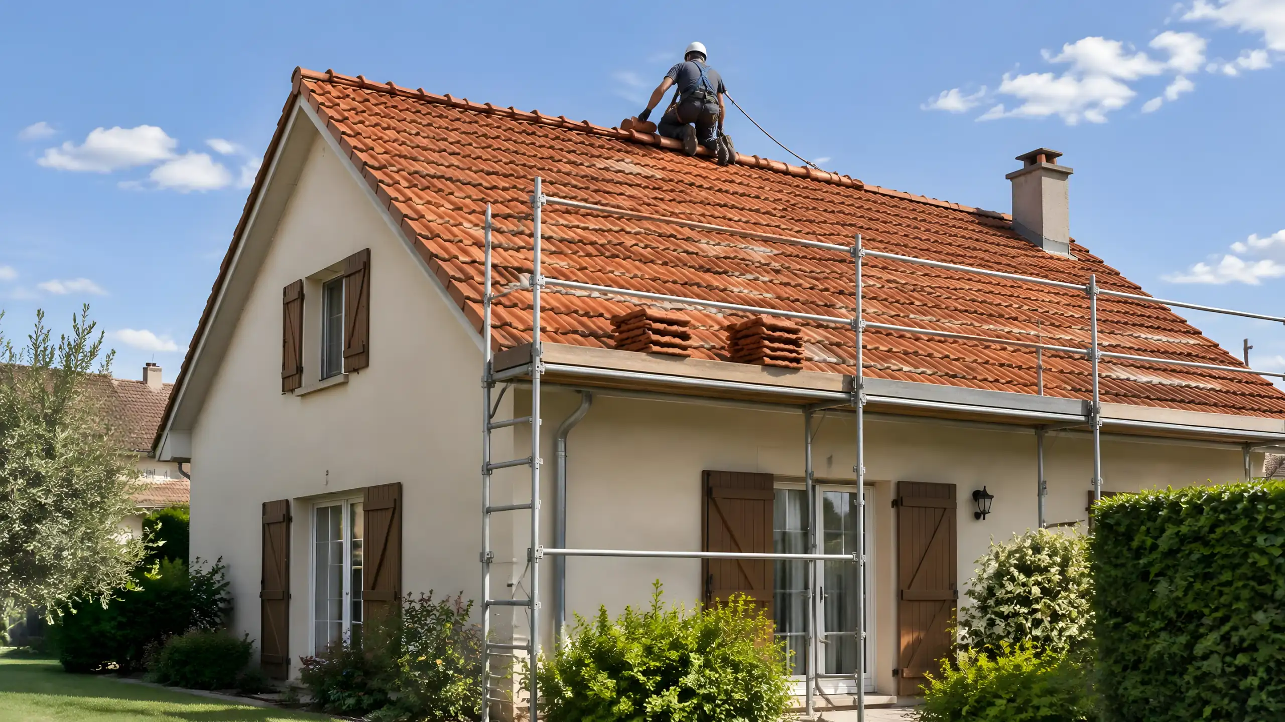 Couvreur sur le faîtage d’une maison enduite, échafaudage à garde-corps le long du toit et piles de tuiles neuves en attente.