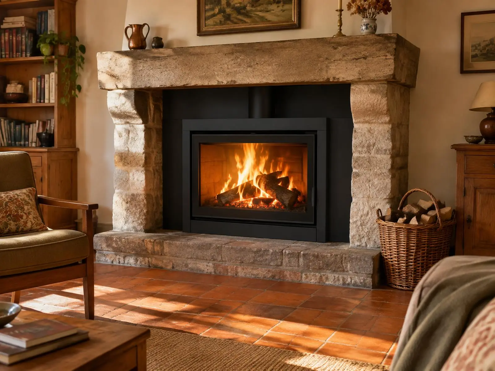 Insert à bois allumé posé dans une cheminée en pierre, dans le séjour d’une maison ancienne.