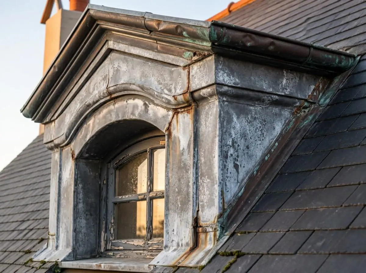 Lucarne cintrée habillée de zinc sur un versant d’ardoise : zinc oxydé et fendu aux soudures, gouttière en cuivre.