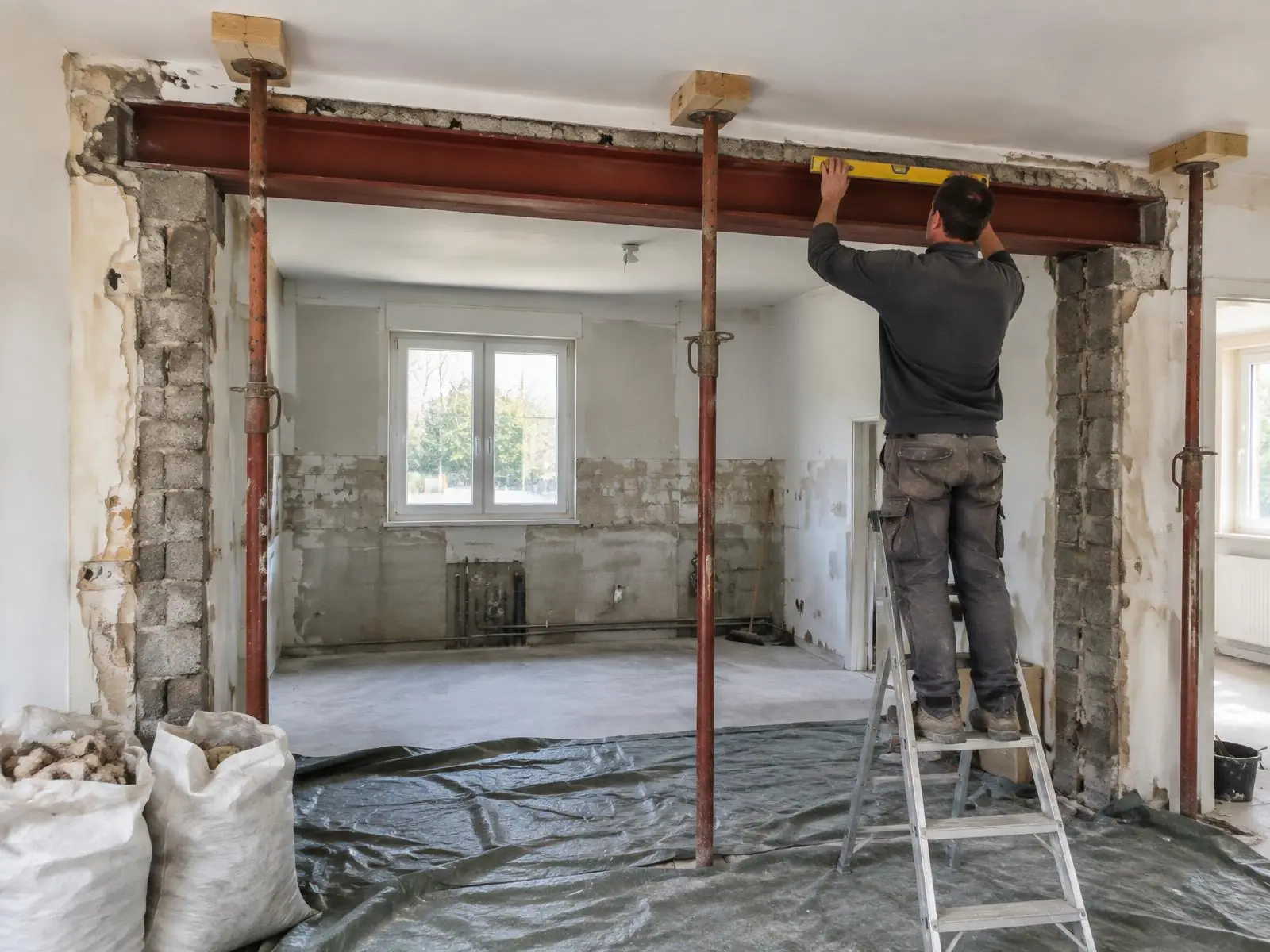 Mur porteur ouvert entre cuisine et séjour : poutre en acier posée sur ses appuis maçonnés, étais métalliques, artisan sur l’escabeau.