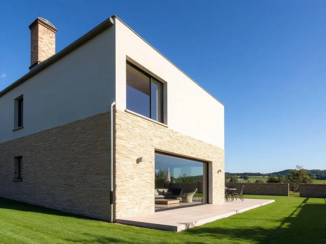 Maison à étage : rez-de-chaussée habillé d’un parement de pierre claire, étage en enduit blanc cassé.