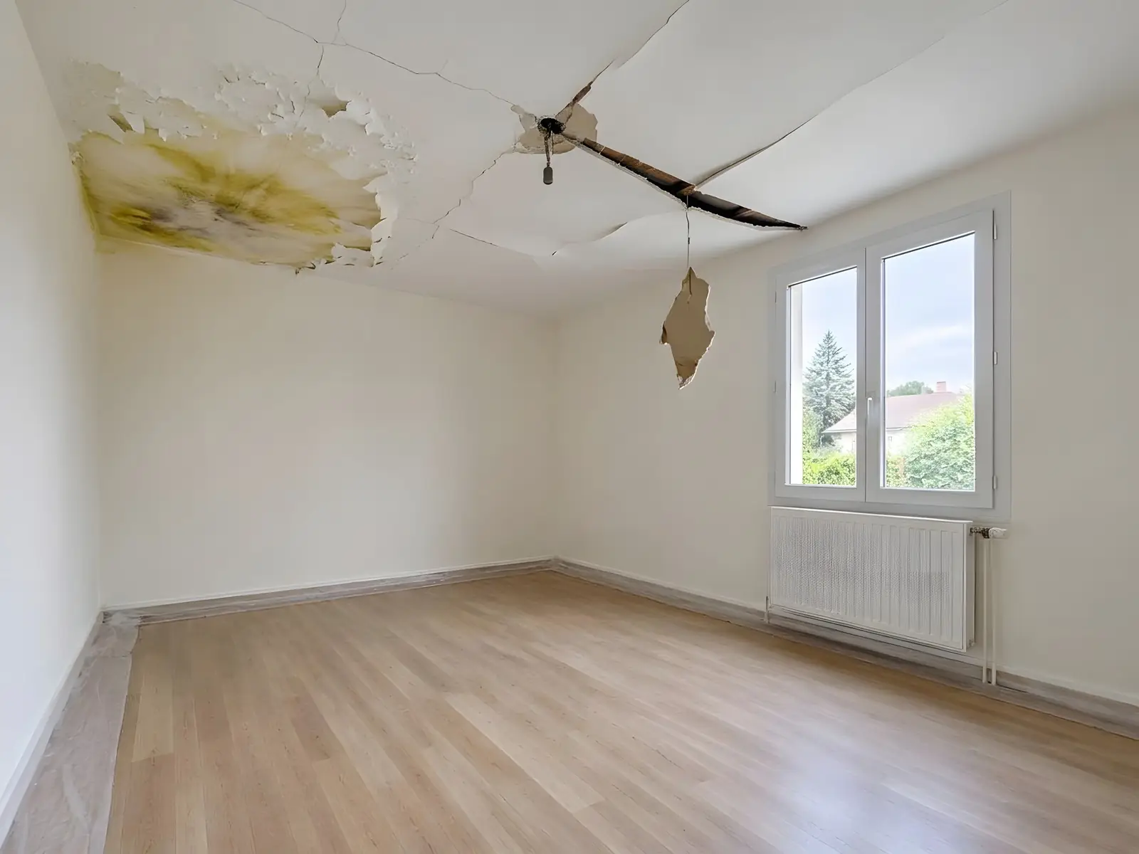 Plafond d’une chambre taché et gondolé après une fuite, plaque qui s’affaisse et morceau qui pend près de la douille.