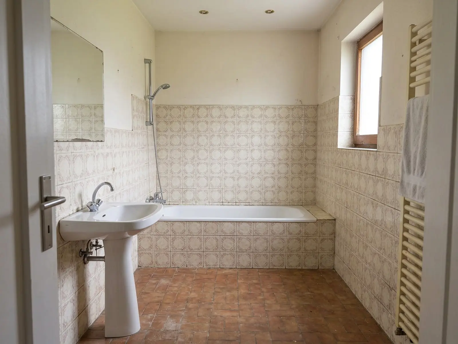 Salle de bains ancienne : baignoire encastrée, faïence claire à motifs, lavabo sur colonne.