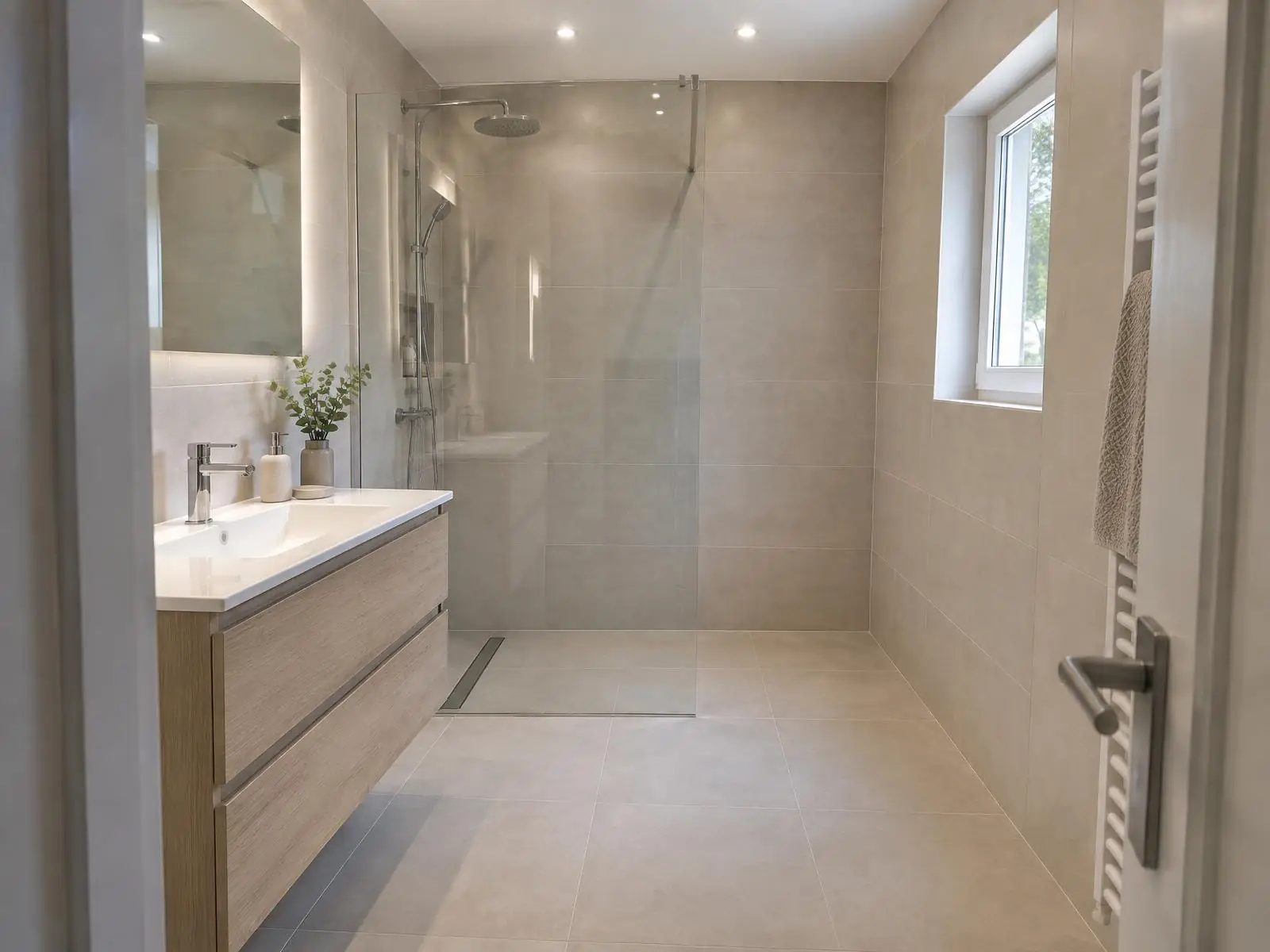 La même salle de bains : douche à l’italienne derrière une paroi vitrée à la place de la baignoire, meuble vasque en bois.