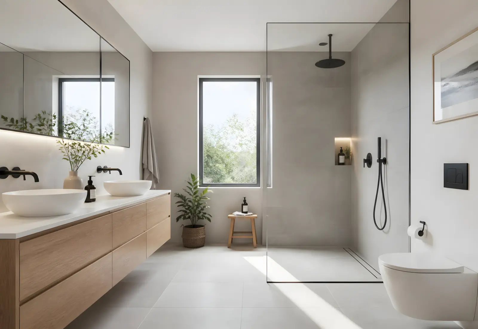 Salle de bains claire : meuble double vasque en chêne, douche à l’italienne derrière une paroi vitrée, grand carrelage gris clair.