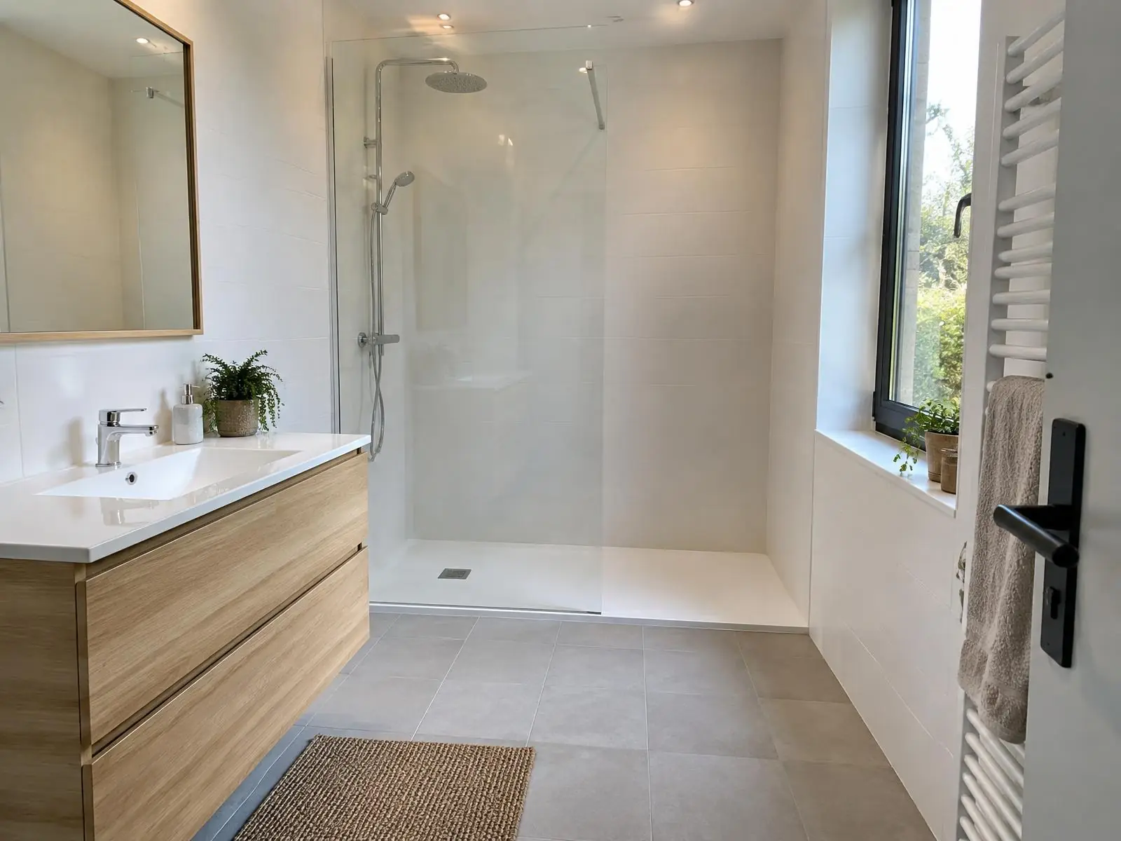 Salle de bains : douche à l’italienne vitrée, meuble vasque en bois clair et sèche-serviettes.