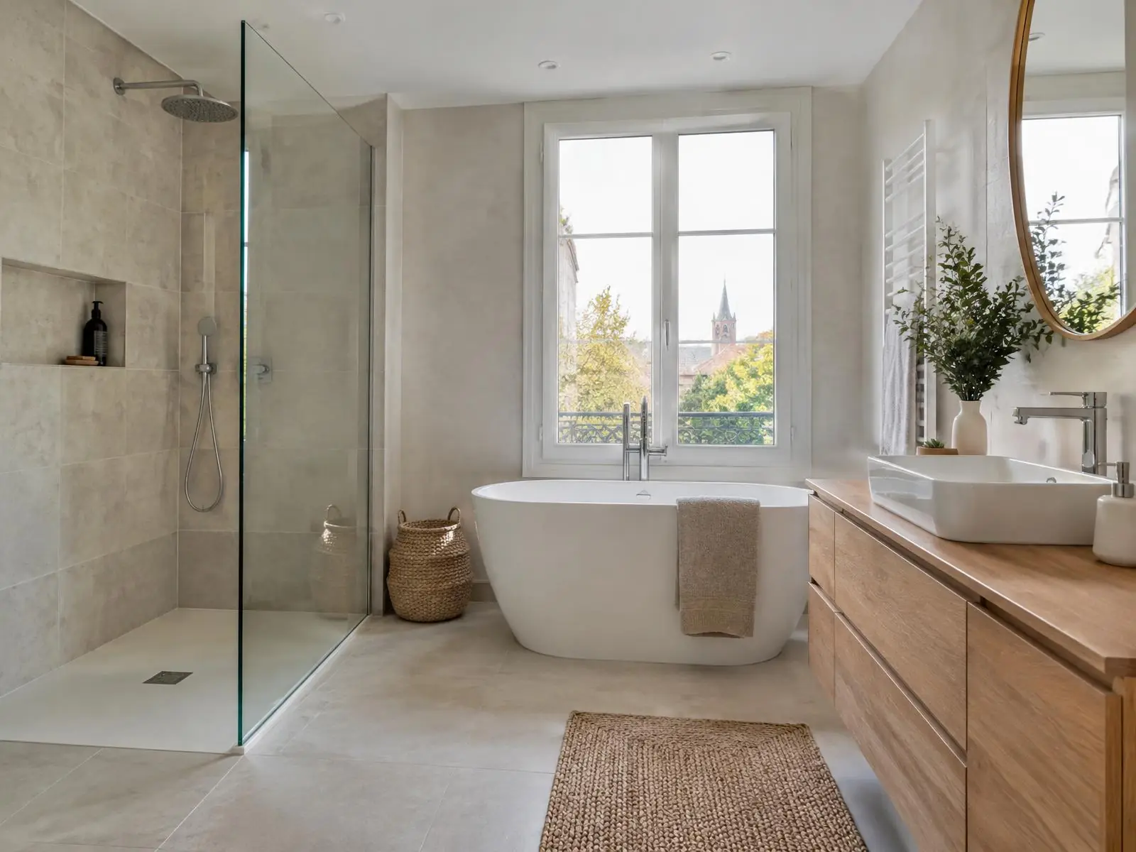 La même salle de bains rénovée : douche derrière une paroi vitrée, baignoire îlot, meuble vasque en bois.