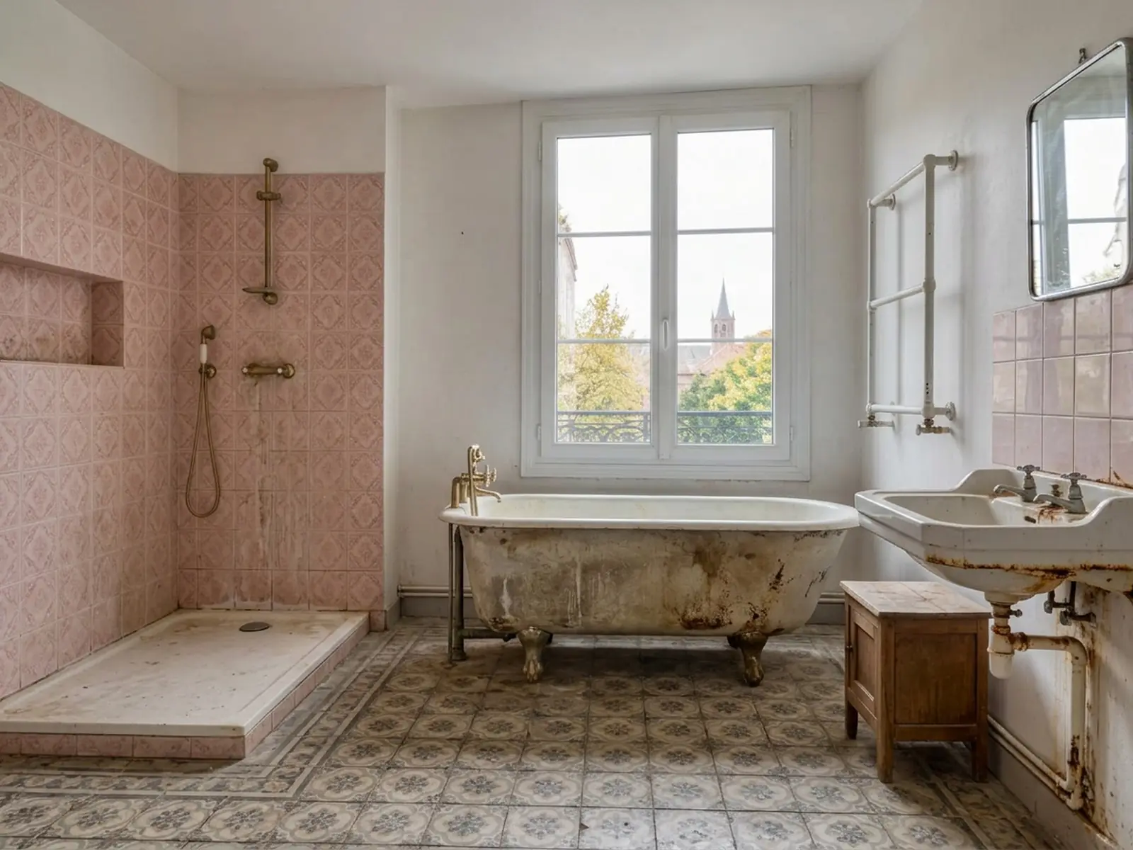 Salle de bains ancienne à faïence rose : baignoire sur pieds, receveur de douche et sol à carreaux de ciment.