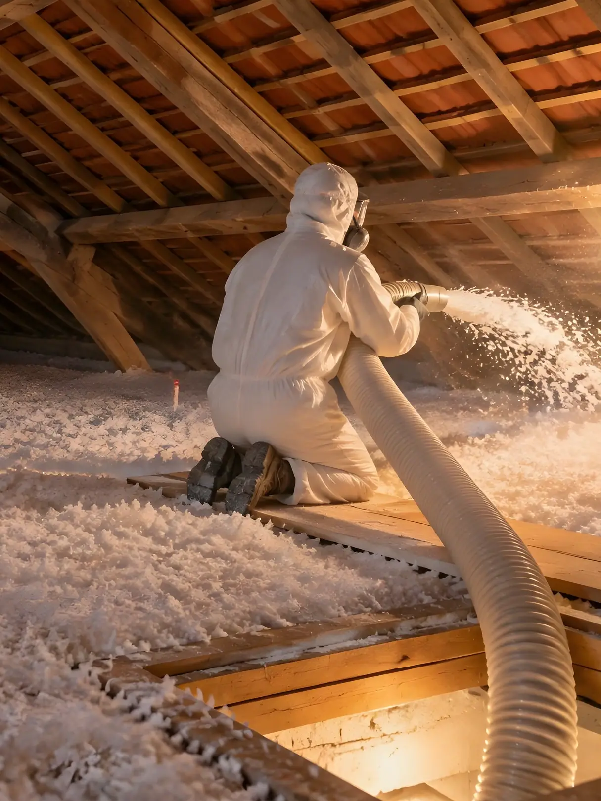 Artisan en combinaison blanche et masque qui souffle de l’isolant dans des combles, sous une vieille charpente en bois.